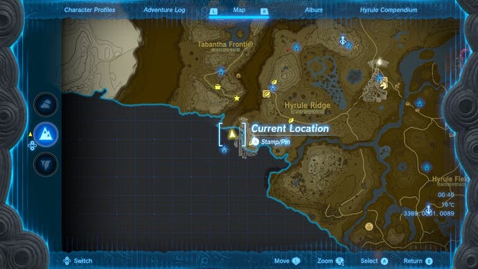 Map showing the location of the Lynel located between Tanagar Canyon and Illumeni Plateau in Zelda: Tears of the Kingdom.