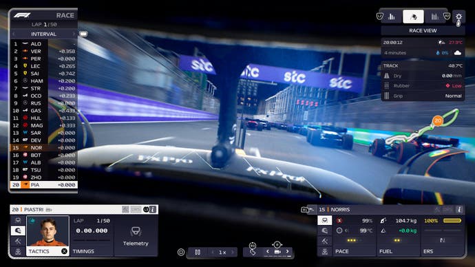 F1 Manager 2023 review screenshot, onboard camera for Oscar Piastri showing several cars directly in front.