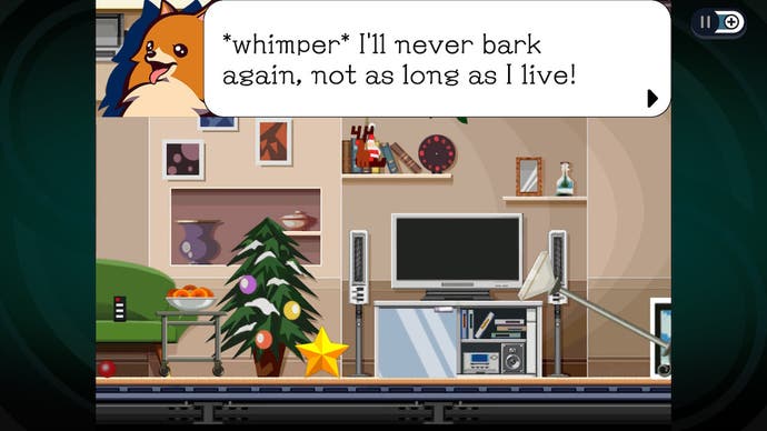 Ghost Trick: Phantom Detective review screenshot, a talking pomeranian saying, "*whimper* I'll never bark again, not as long as I live!"