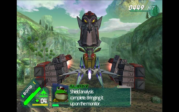 Star Fox Assault screenshot, Arwing approaching a giant floating metal head with two detached hands in a rainforest.
