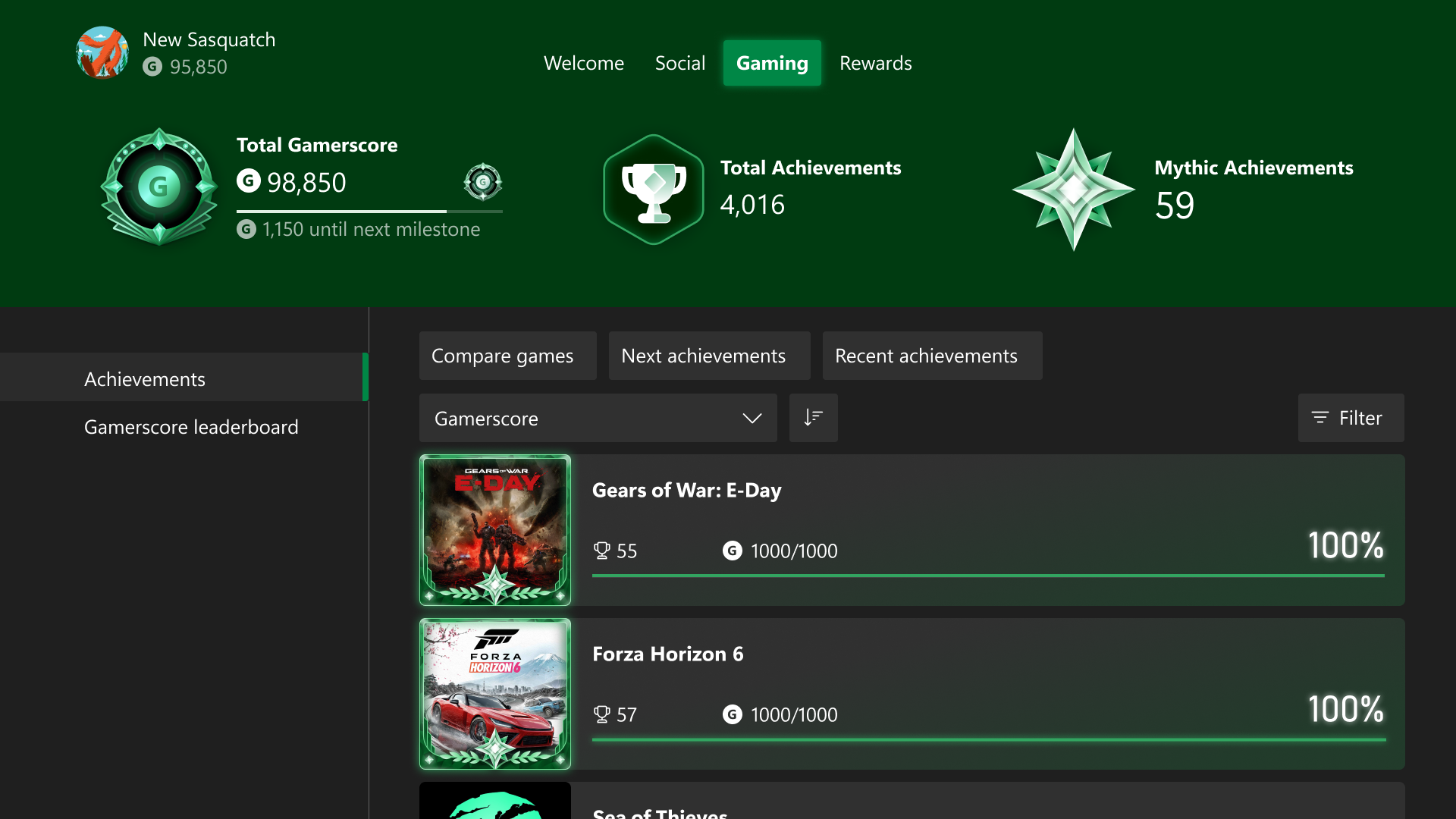 An Xbox menu screen detailing Mythic Achievements.
