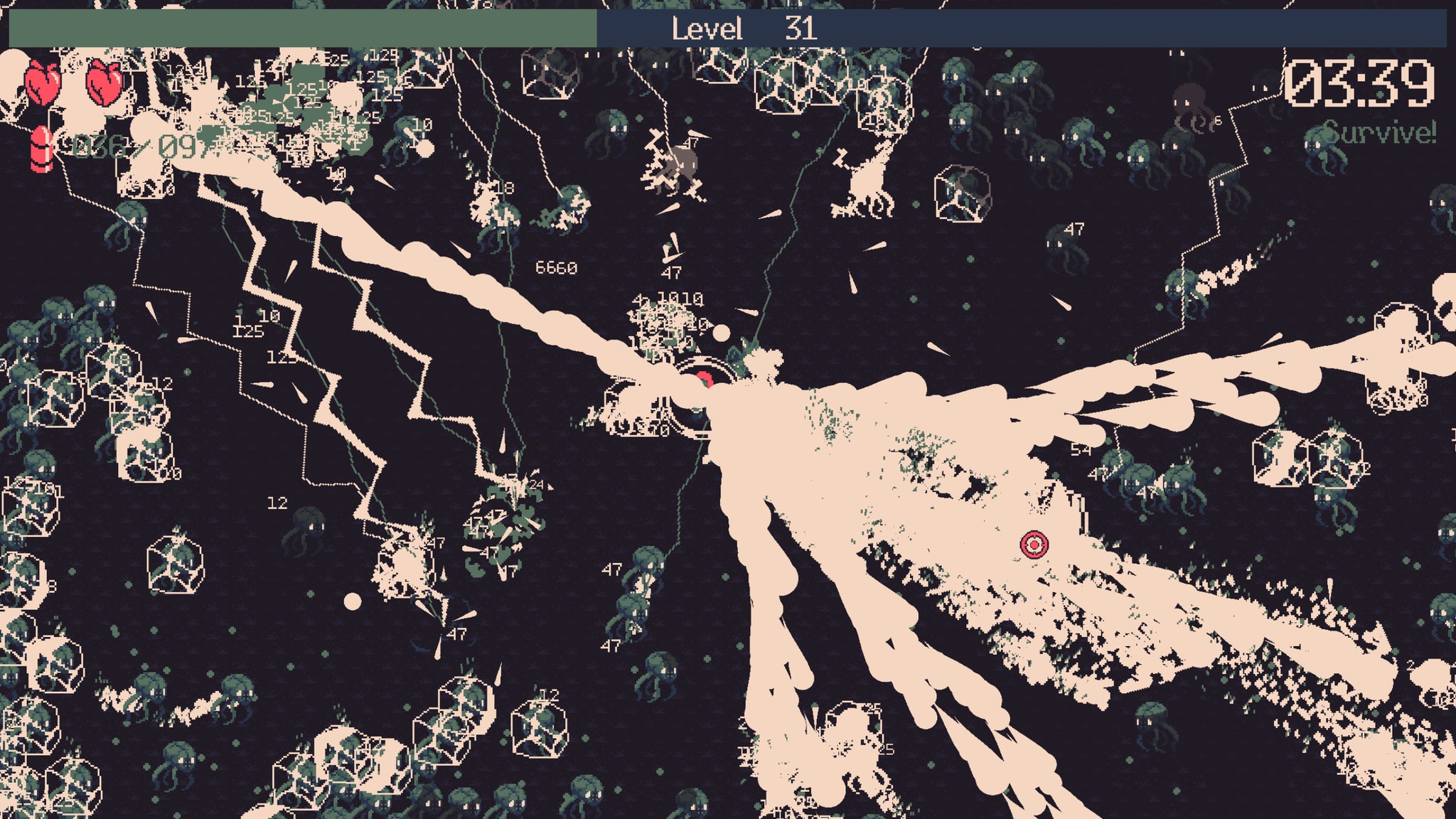 Spraying a framerate-killing quanity of bullets and explosions in a 20 Minutes Till Dawn screenshot. - 14