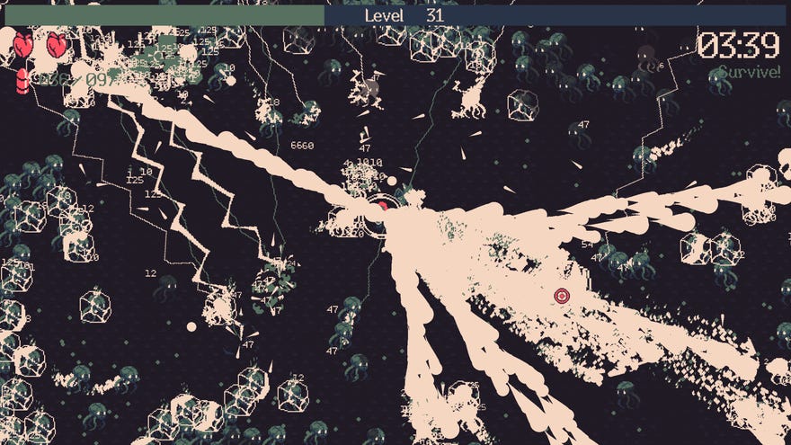 Spraying a framerate-killing quanity of bullets and explosions in a 20 Minutes Till Dawn screenshot.