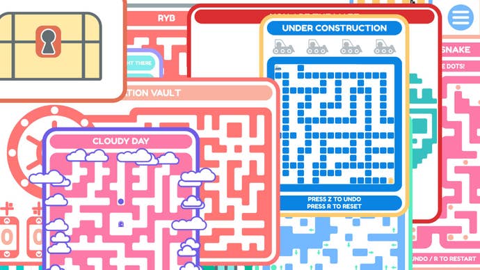 A collection of small mazes in 20 Small Mazes. One blue one says it’s “under construction” and features a little bulldozer, another is called “cloudy day” and the edges of the maze disappear into clouds.