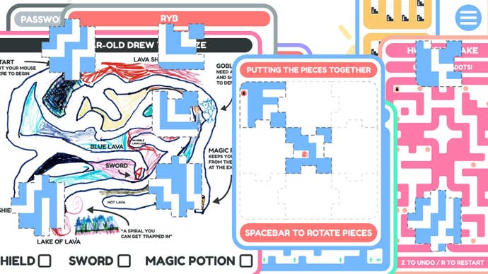 Some more mazes from 20 Small Mazes. One is a maze split into jigsaw pieces you must put together. Behind that is a maze drawn by the developer’s child.