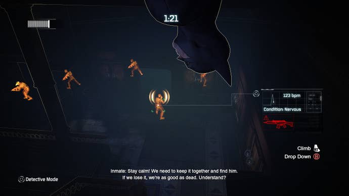 Batman hangs upside down above foes picked out in luminous light in this screen from Batman: Arkham City. Text reads: “Inmate: Stay calm! We need to keep it together and find him. If we’re lose, it we’re as good as dead. Understand?"