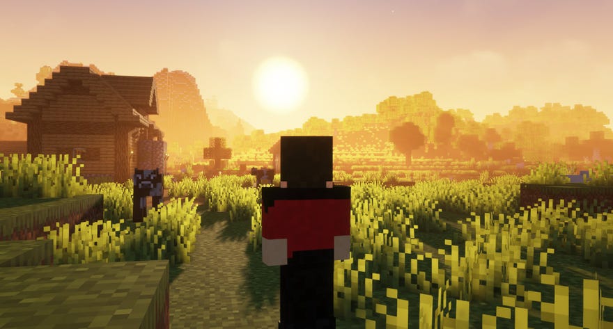 A voxel character looks out to a sunset in the distance in Minecraft