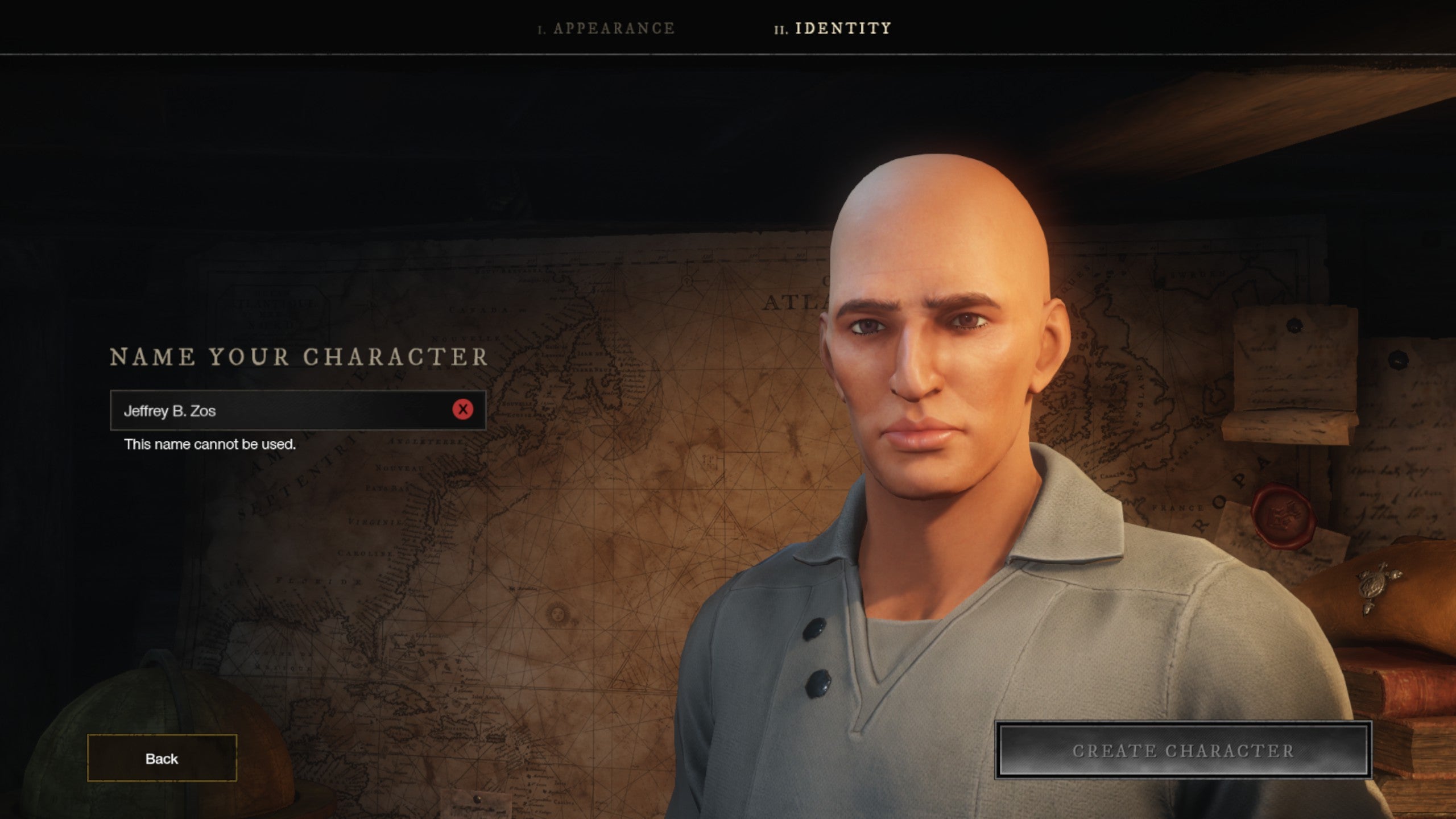 A screenshot showing the character creation name screen in New World, in which the player has attempted to name their character some variation of Jeff Bezos.
