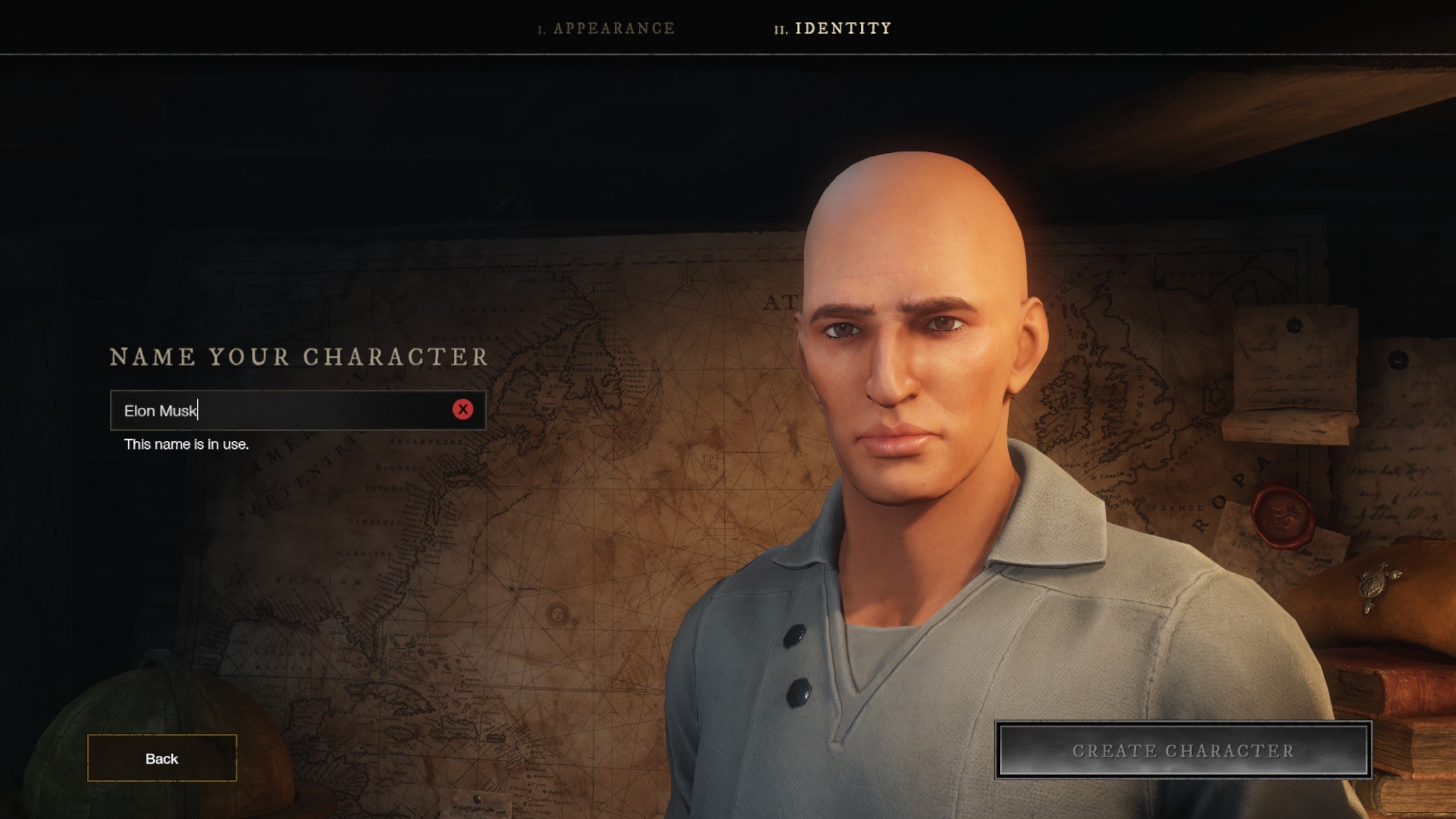 A screenshot showing the character creation name screen in New World, in which the player has attempted to name their character some variation of Jeff Bezos.