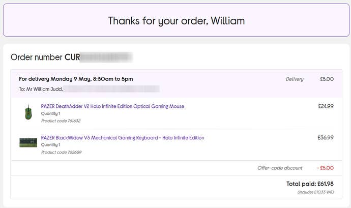 a screenshot of a Currys order confirmation