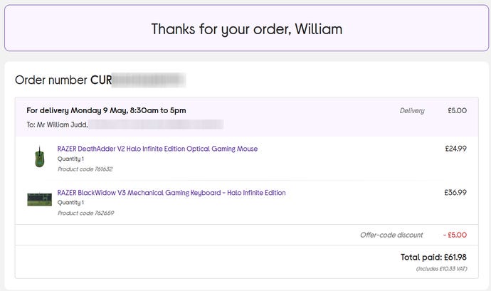 a screenshot of a Currys order confirmation