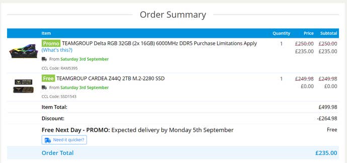 a screenshot showing RAM and SSD for £235