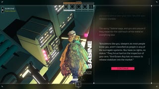 2022 best games Citizen Sleeper - a character called Sabine talks to you, with their comic-style character art central, and dialogue to the right, space station background to the left
