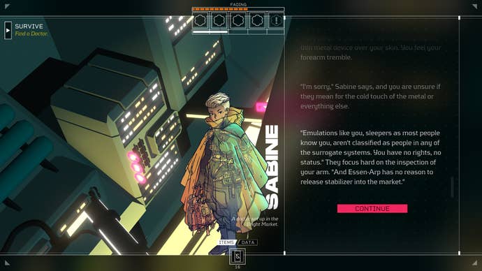 2022 best games Citizen Sleeper - a character called Sabine talks to you, with their comic-style character art central, and dialogue to the right, space station background to the left