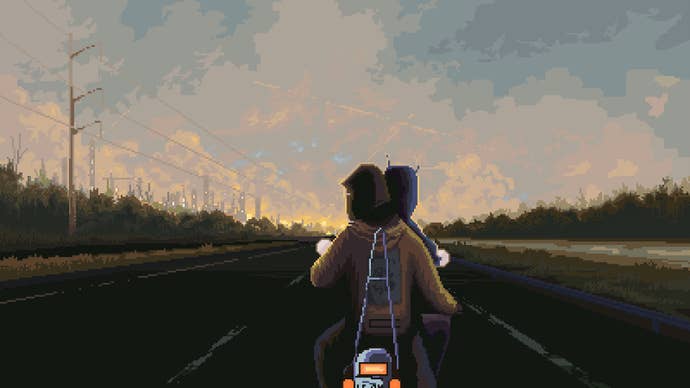 2022 best games Norco - in murky pixel art, two characters ride away towards dusk on an empty highway, against a blue-brown sky and distant background of chemical plant lights