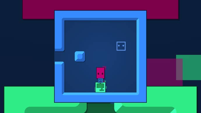 2022 best games Patrick’s Parabox - a blue square puzzle with four small cubes inside, one blue, one an outline, one red and one green