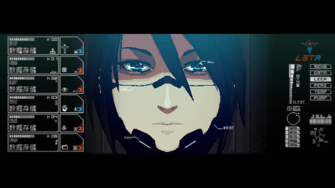 2022 best games Signalis - close up of a woman’s face with sci-fi UI readings either side, like a heads-up display