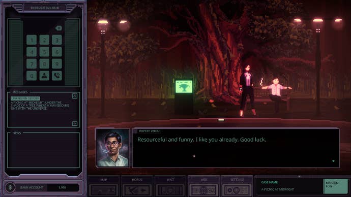 Chinatown Detective Agency review screenshots depicting the game’s left-aligned UI overlay, central window pane of pixel-art, cyber-noir vistas, and snapshots of detective dialogue.