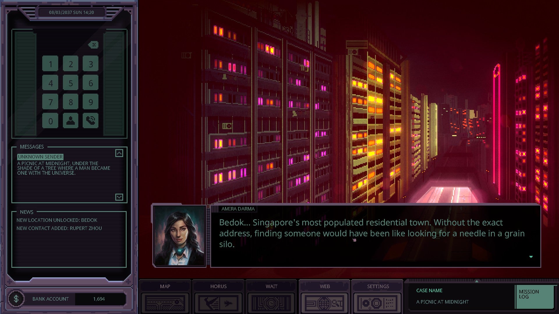 Chinatown Detective Agency review screenshots depicting the game&rsquo;s left-aligned UI overlay, central window pane of pixel-art, cyber-noir vistas, and snapshots of detective dialogue.
