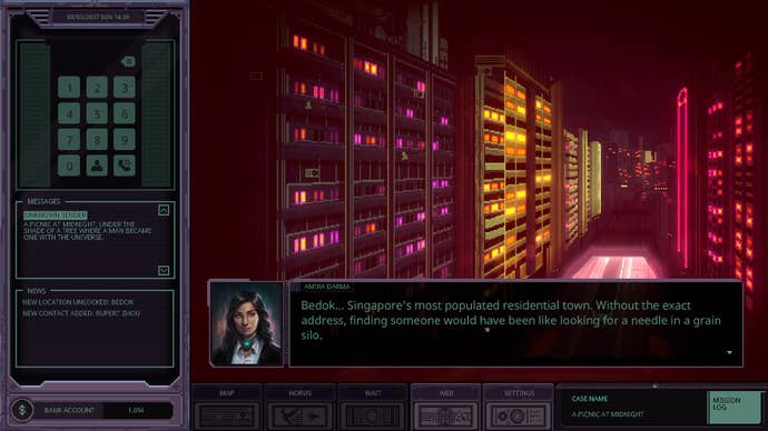 Chinatown Detective Agency review screenshots depicting the game’s left-aligned UI overlay, central window pane of pixel-art, cyber-noir vistas, and snapshots of detective dialogue.