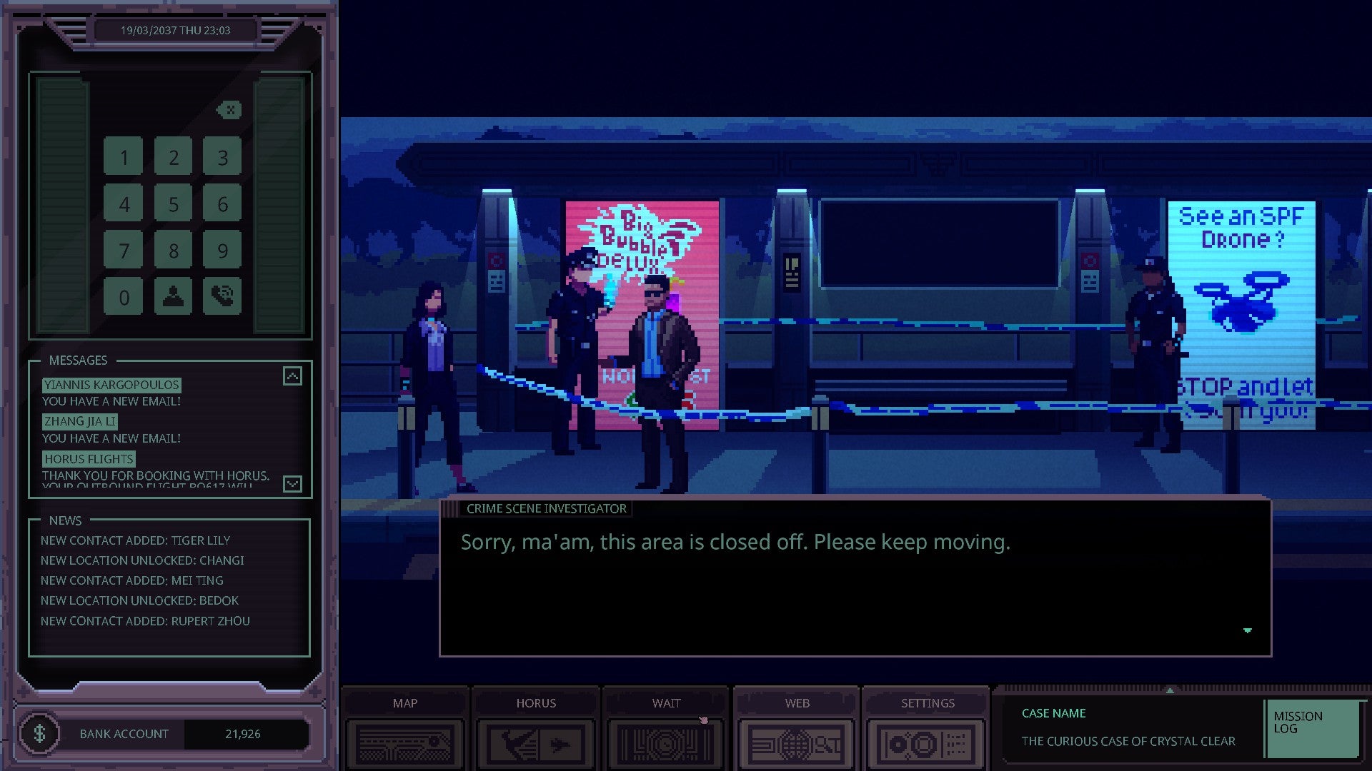 Chinatown Detective Agency review screenshots depicting the game&rsquo;s left-aligned UI overlay, central window pane of pixel-art, cyber-noir vistas, and snapshots of detective dialogue.