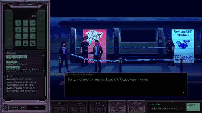 Chinatown Detective Agency review screenshots depicting the game’s left-aligned UI overlay, central window pane of pixel-art, cyber-noir vistas, and snapshots of detective dialogue.