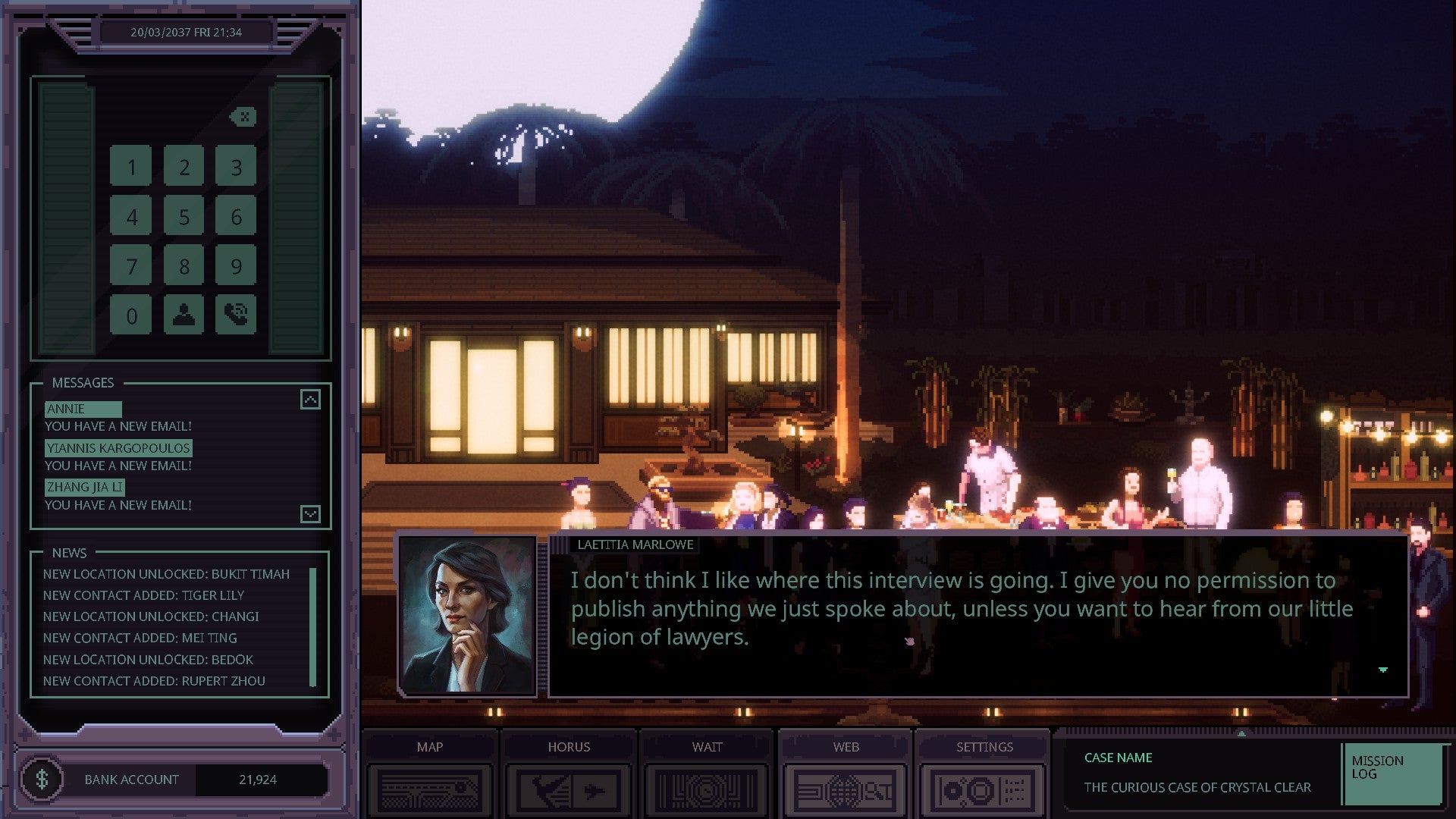 Chinatown Detective Agency review screenshots depicting the game&rsquo;s left-aligned UI overlay, central window pane of pixel-art, cyber-noir vistas, and snapshots of detective dialogue.