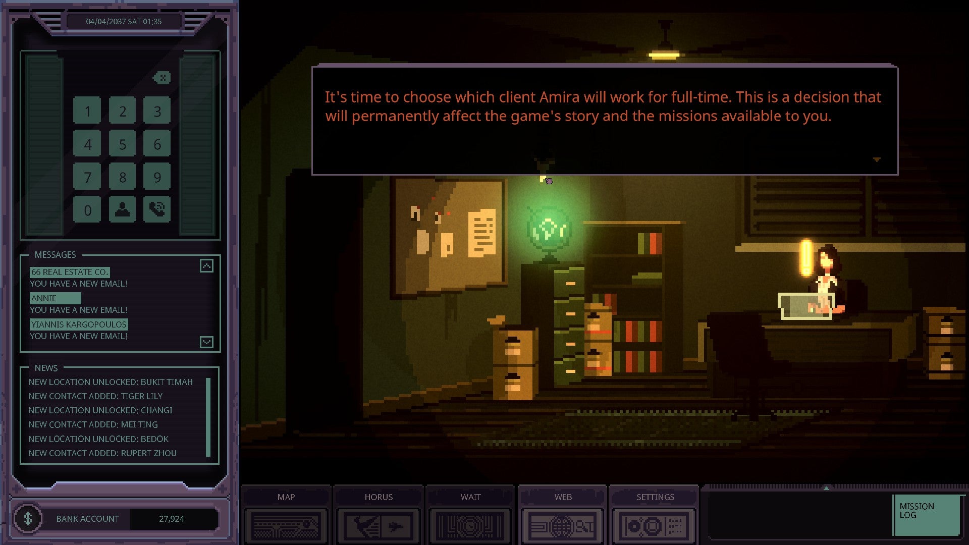Chinatown Detective Agency review screenshots depicting the game&rsquo;s left-aligned UI overlay, central window pane of pixel-art, cyber-noir vistas, and snapshots of detective dialogue.