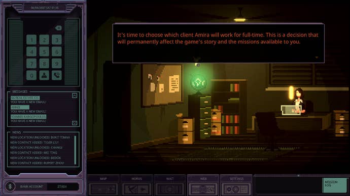 Chinatown Detective Agency review screenshots depicting the game’s left-aligned UI overlay, central window pane of pixel-art, cyber-noir vistas, and snapshots of detective dialogue.