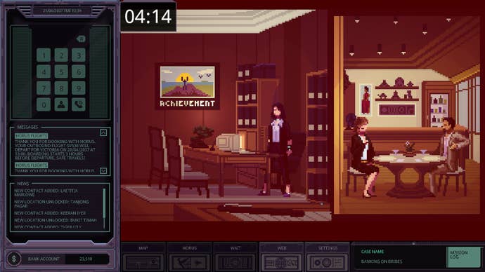 Chinatown Detective Agency review screenshots depicting the game’s left-aligned UI overlay, central window pane of pixel-art, cyber-noir vistas, and snapshots of detective dialogue.