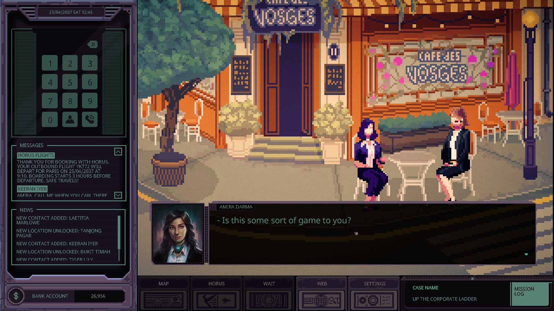 Chinatown Detective Agency review screenshots depicting the game&rsquo;s left-aligned UI overlay, central window pane of pixel-art, cyber-noir vistas, and snapshots of detective dialogue.