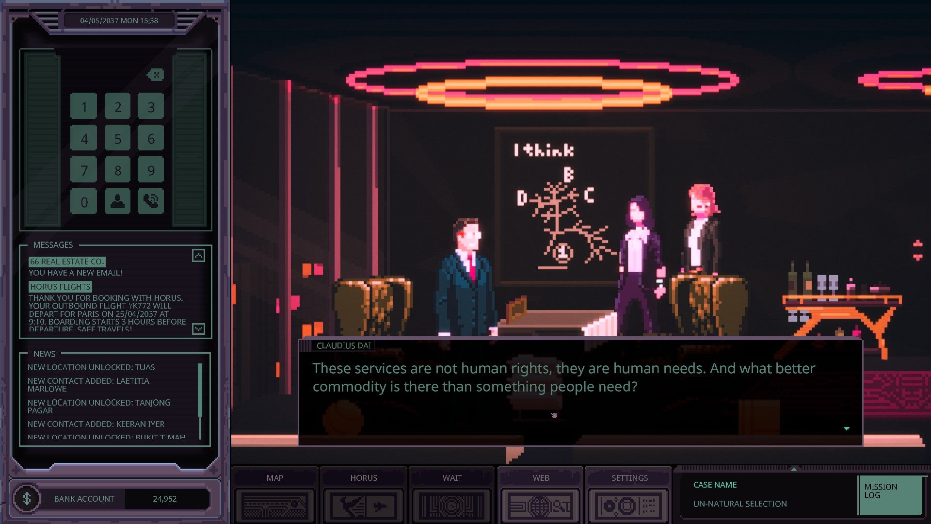 Chinatown Detective Agency review screenshots depicting the game&rsquo;s left-aligned UI overlay, central window pane of pixel-art, cyber-noir vistas, and snapshots of detective dialogue.