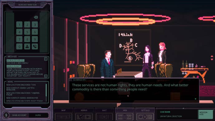Chinatown Detective Agency review screenshots depicting the game’s left-aligned UI overlay, central window pane of pixel-art, cyber-noir vistas, and snapshots of detective dialogue.
