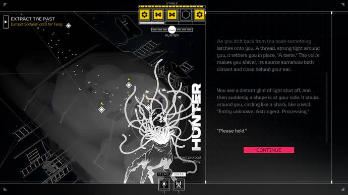 Citizen Sleeper review - dialogue with a strange, tentacle-headed creature called the Hunter, its art in black and white on the left. On the right, dialogue says it’s scanning you.