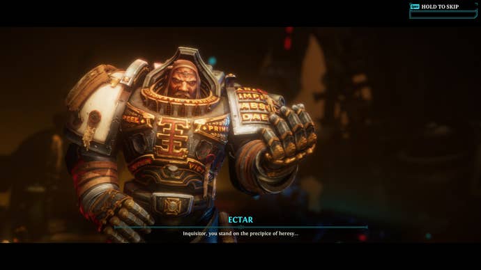 40K Chaos Gate Daemonhunters review - a cutscene shows Ectar in golden armour sternly saying “Inquisitor, you stand on the precipice of heresy…"