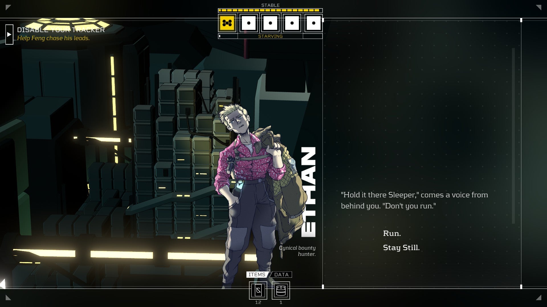 Citizen Sleeper review - dialogue with Ethan, showing his character art and dialogue saying: &ldquo;Hold it there, Sleeper&hellip;"