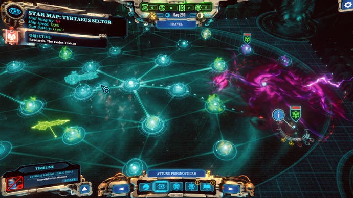 40K Chaos Gate Daemonhunters review - the star map, with glowing turqoise orbs for different systems connected by turqoise lines, to the right is a purple nebula and some plague-infested systems.