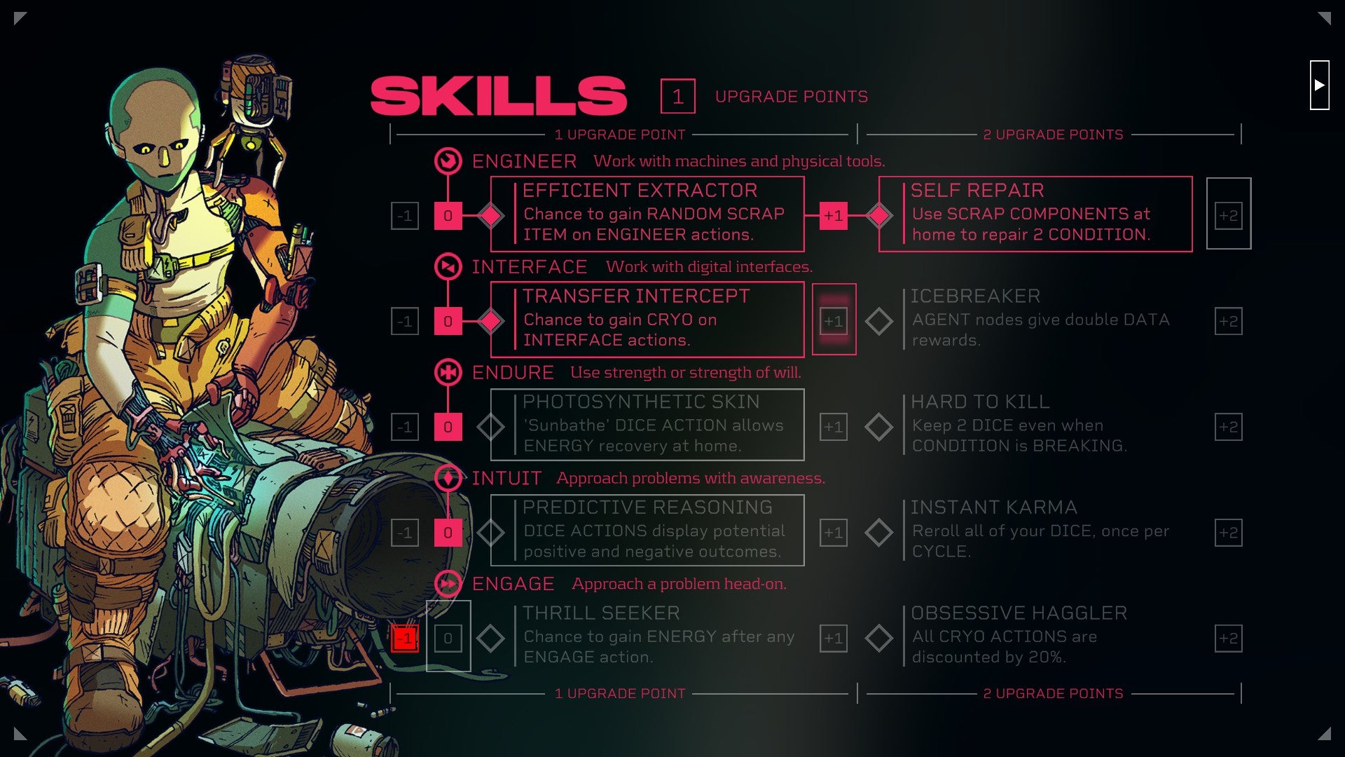 Citizen Sleeper review - the skill tree screen, character art on the left, five skills with two passives each filling the screen centre-right
