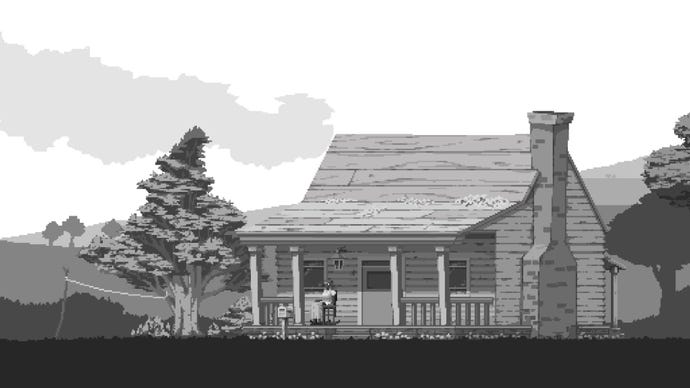 A mouse sits in a rocking chair outside a quaint cottage in The Longest Road On Earth