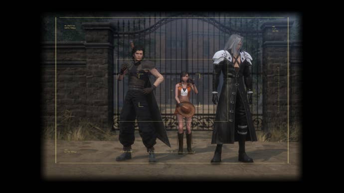 Zack, Tifa and Sephiroth stand to pose for a photograph in Crisis Core - Final Fantasy VII - Reunion