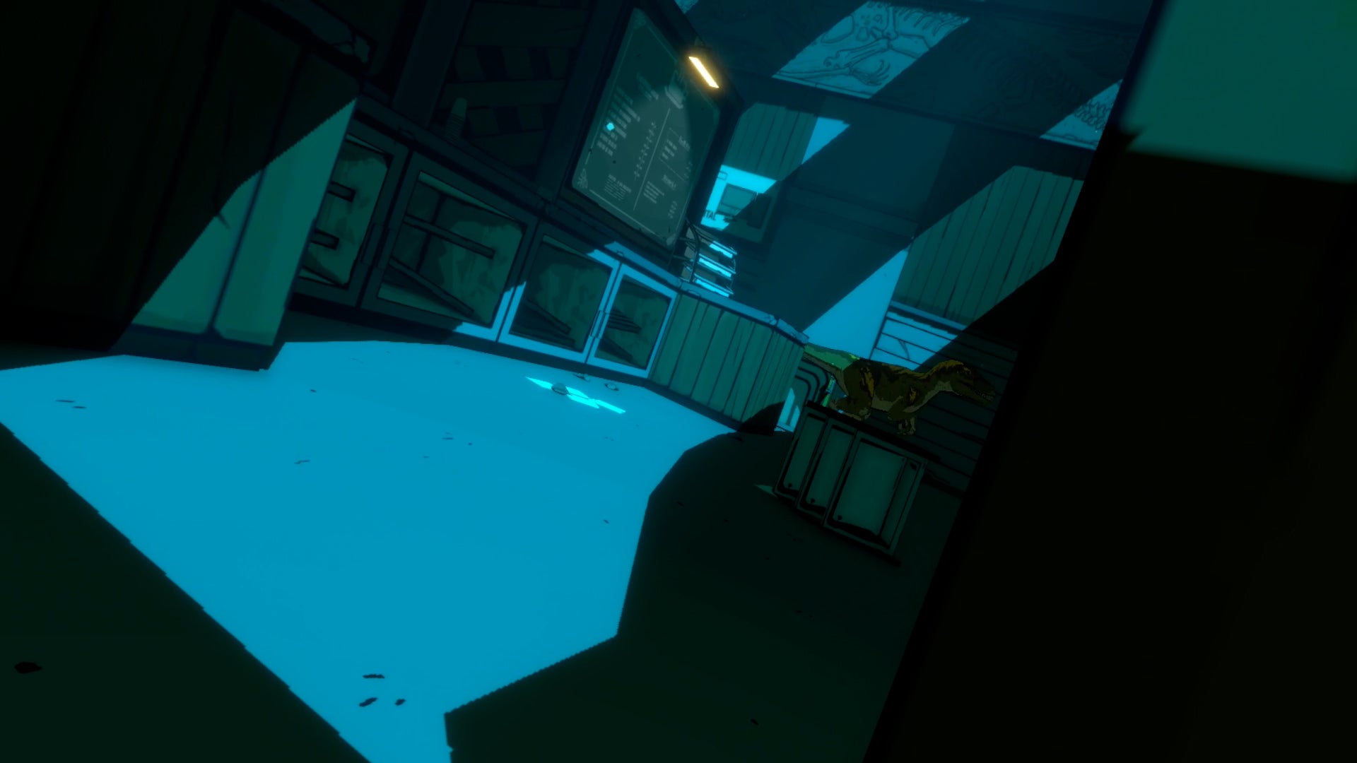 PSVR2 review - inside a warehouse style room lit in a cool blue light through the window at night