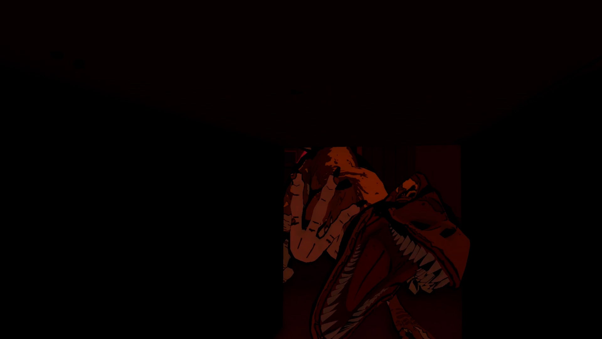 PSVR2 review - in pitch black, a T-Rex pokes its hed through a window in dark red light and yells towards you