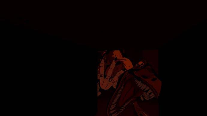PSVR2 review - in pitch black, a T-Rex pokes its hed through a window in dark red light and yells towards you