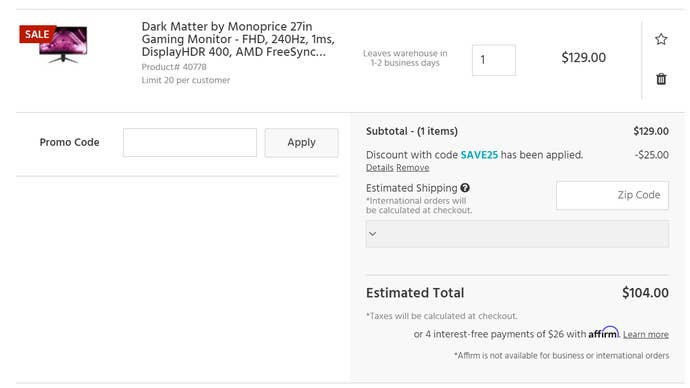 A MonoPrice shopping cart showing a $104 total.