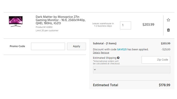 monoprice screenshot showing a $178.99 price for this monitor