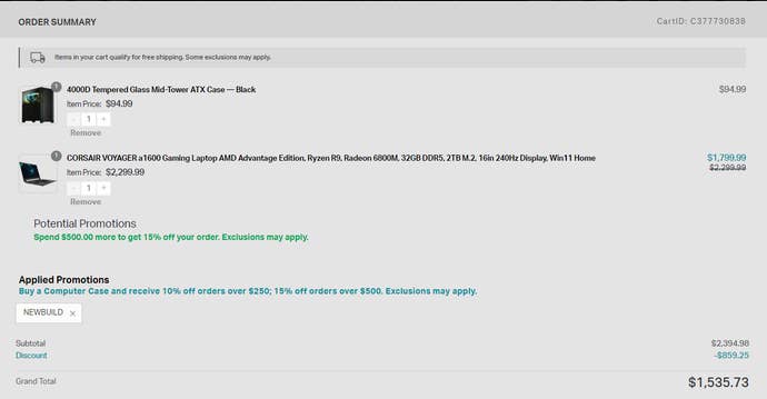 A screenshot of a shopping cart showing a Corsair PC case and laptop for $1536.