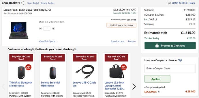 A shopping basket showing the Lenovo Legion Pro laptop.