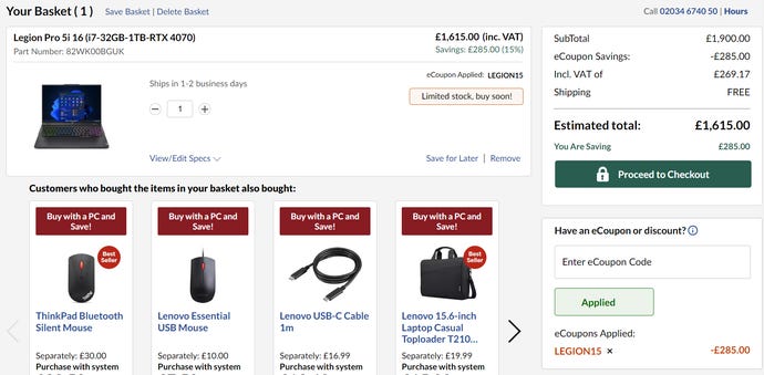 A shopping basket showing the Lenovo Legion Pro laptop.