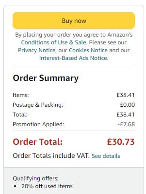 an amazon checkout screenshot, showing a total of £30.73 following a 20% off deduction of £7.68.
