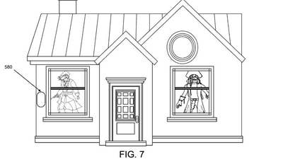 Patent art showing the front of a cozy modern home. There are two large windows in the front of the home, each with a different menacing pirate looking out of them toward the viewer.
